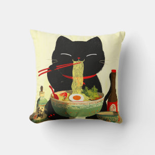 Glad svart katt som äter Ramen Japansk Ukiyo-e Kudde