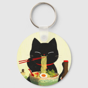 Glad svart katt som äter Ramen Japansk Ukiyo-e Nyckelring
