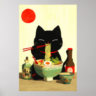 Glad svart katt som äter Ramen Japansk Ukiyo-e Poster