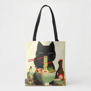 Glad svart katt som äter Ramen Japansk Ukiyo-e Tygkasse