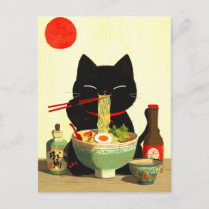 Glad svart katt som äter Ramen Japansk Ukiyo-e Vykort