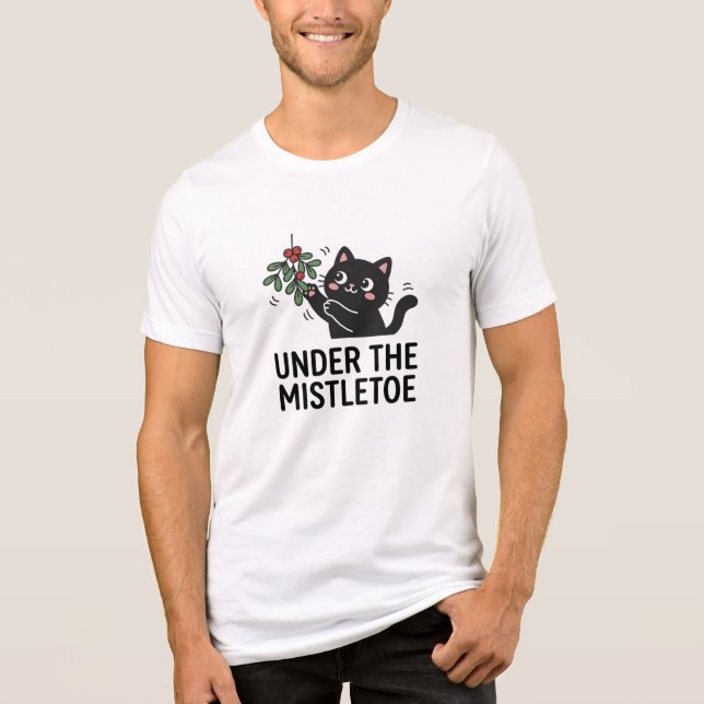 Glad svart katt under misteltoe jul tee (Framsida)