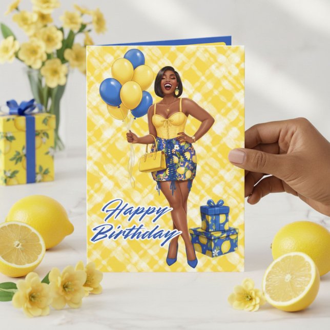 Glad svart kvinna blå och gul citron födelsedag kort (Celebrate her day with sunshine! 🍋 Chic Black woman lemon-themed birthday card. Bold & beautiful.)
