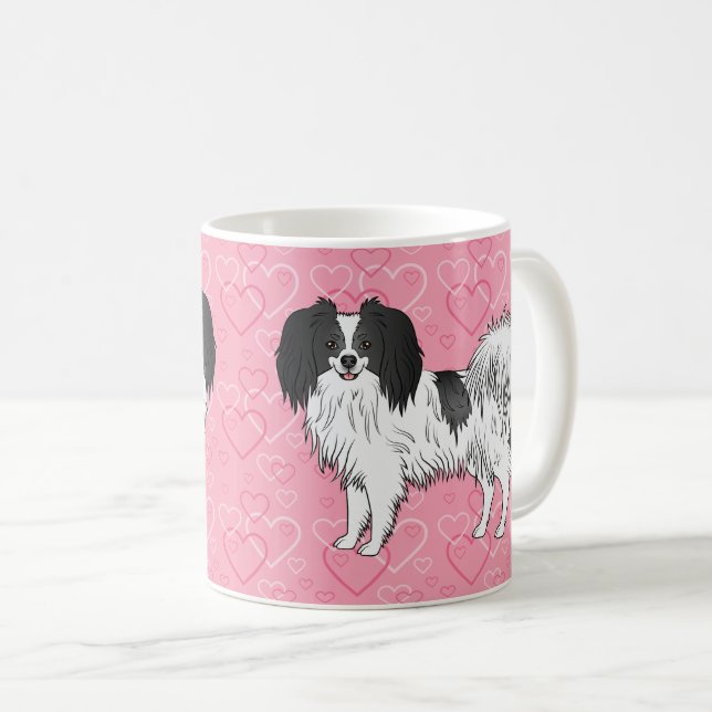 Glad svart och vit Phalène hund på rosa hjärtan Kaffemugg (Framsida höger)