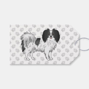 Glad svart och vit Phalène hundillustration Presentetikett