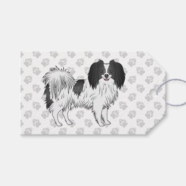 Glad svart och vit Phalène hundillustration Presentetikett (Framsidan (Horisontell))