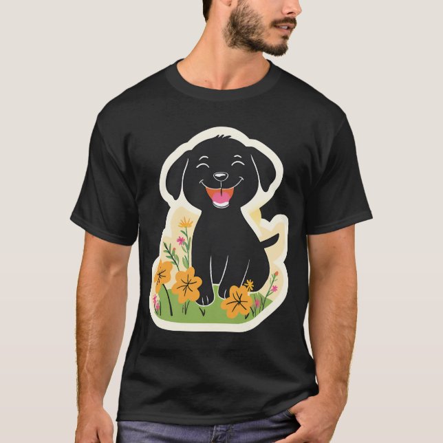 Glad svart valp i vilda blommor t shirt (Framsida)
