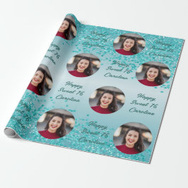 Glad Sweet 16 Fallande Tealblå Glitter & Foto Presentpapper