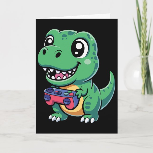Glad T-Rex Med Spelkontroll Cute Gamer Dino T Kort (Framsida)