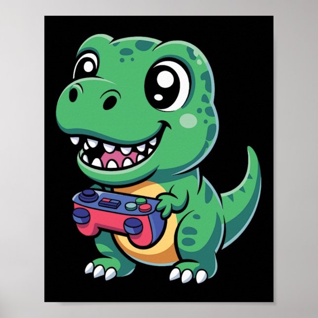 Glad T-Rex Med Spelkontroll Cute Gamer Dino T Poster (Framsidan)