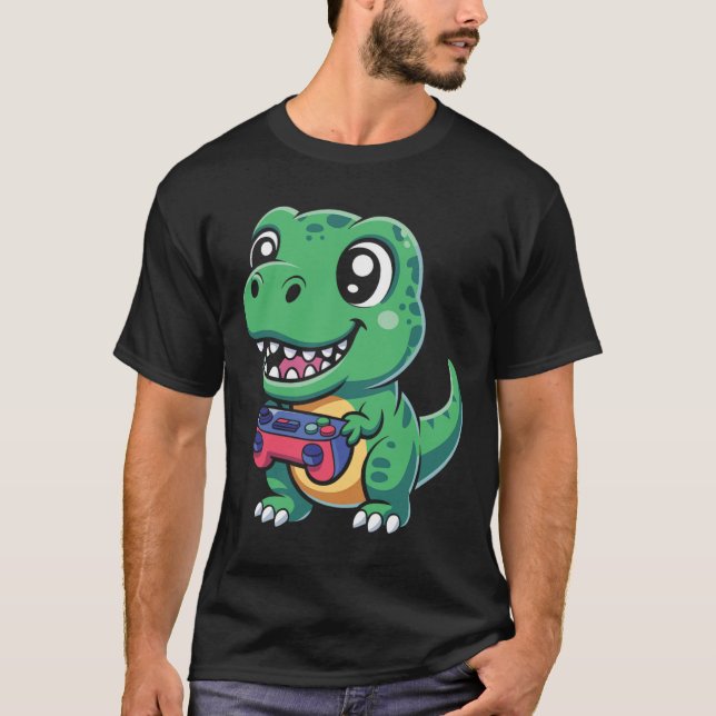 Glad T-Rex Med Spelkontroll Cute Gamer Dino T Shirt (Framsida)