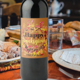 Glad tack till Thanksgiving Vattenfärg Höstbladskr Vinflaska Etikett