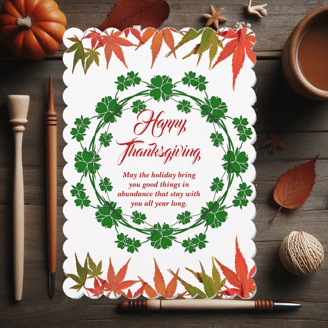 Glad tackgivelsedagen Grön Krans Lönnblad Julkort (Happy Thanksgiving Green Wreath Maple Leaves Holiday Card)