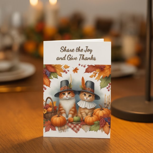Glad tacksägelsedag Söta pilgrimskatter Semester Helgkort (Thanksgiving card with Cute Pilgrim Cats. Personalize greeting inside)