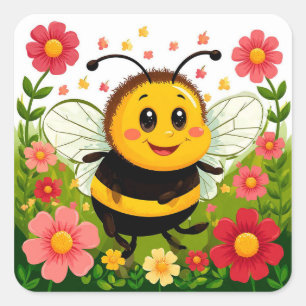 Glad Tecknad Biväxt 🐝 Ljus Blomsterträdgård Fyrkantigt Klistermärke