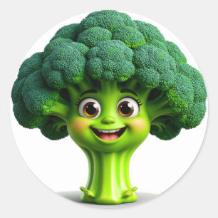 Glad tecknad broccoli-karaktär med en rolig runt klistermärke