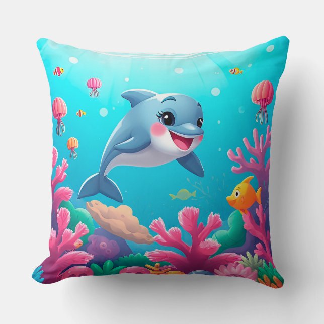 🐬 Glad Tecknad Delfin som stänker runt med glädje Kudde (Framsida)