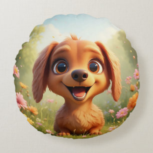 Glad Tecknad Hund i ett Blomsterfält Rund Kudde
