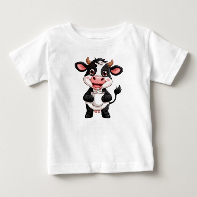 Glad Tecknad Ko Dricker Mjölk T Shirt (Framsida)