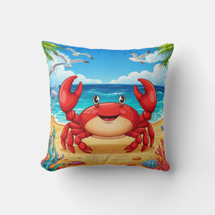 Glad Tecknad Krabba på en Levande Strand Kudde