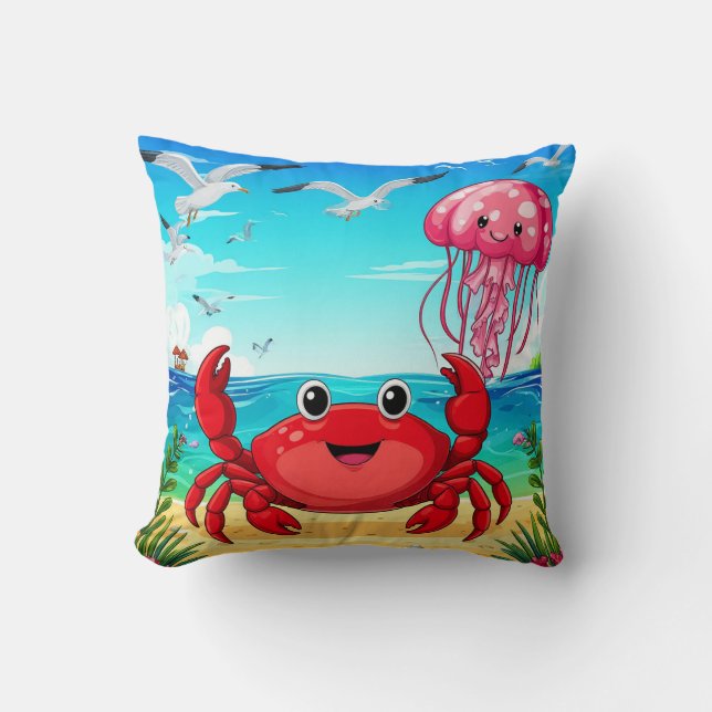 Glad tecknad krabba på en livfull strand kudde (Framsida)