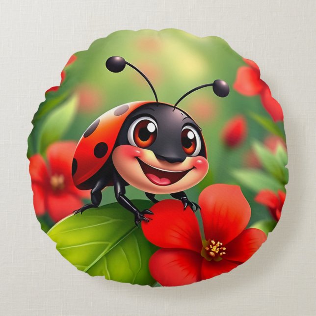 Glad tecknad nyckelpiga som sitter på en blomma rund kudde (Framsidan)