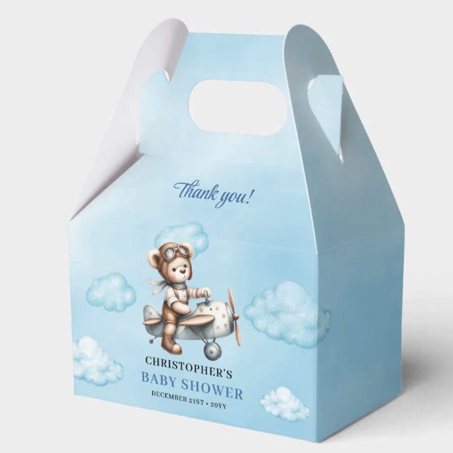 Glad teddybjörn flygare Blå Brun Pojke Dopp  Presentaskar (Joyful Teddy Bear Aviator Blue Brown Boy Shower Favor Box

)