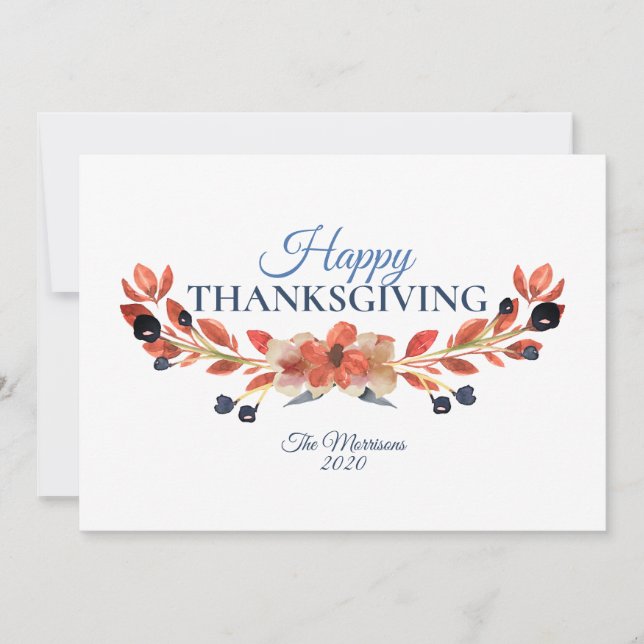 Glad Thanksgiving Blå Brun Blommig Akvarell Julkort (Framsida)