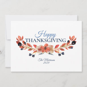 Glad Thanksgiving Blå Brun Blommig Akvarell Julkort
