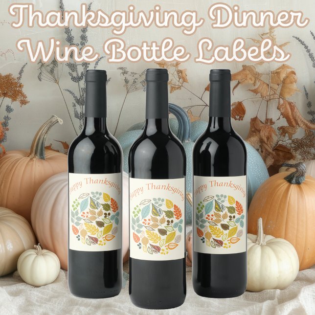 Glad Thanksgiving dämpad höstfärg löv Vinflaska Etikett (Happy Thanksgiving Muted Fall Color Wine Bottle Labels. Makes a great hostess gift.)