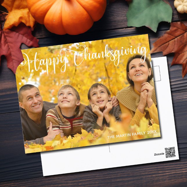 Glad Thanksgiving Elegant Vitt Skript Foto Vykort (Skapare uppladdad)