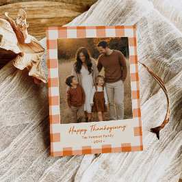 Glad Thanksgiving Familjefoto Orange Gingham Inbjudningar