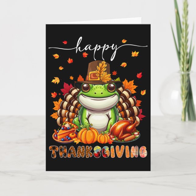Glad Thanksgiving Groda Kostym Kalkon Höstblad Kort (Framsida)