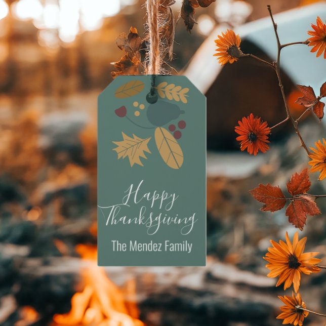 Glad Thanksgiving Höst Folklig Grönska Brun Presentetikett (Skapare uppladdad)