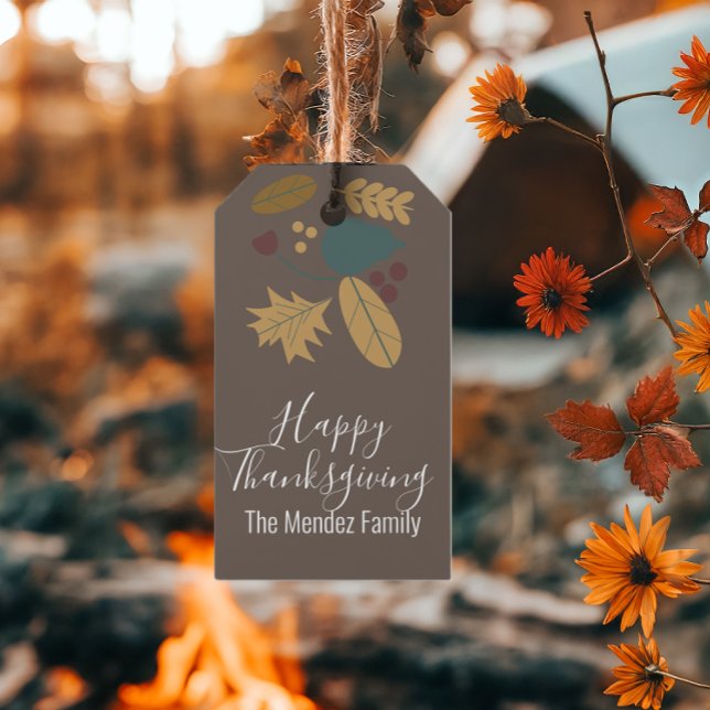 Glad Thanksgiving Höst Folklig Grönska Brun Presentetikett (Skapare uppladdad)