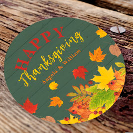 Glad Thanksgiving Höstfärgat lövverk på trä Runt Klistermärke