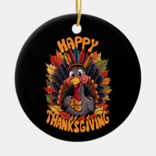 Glad Thanksgiving Kalkon Familj Höst Julgransprydnad Keramik