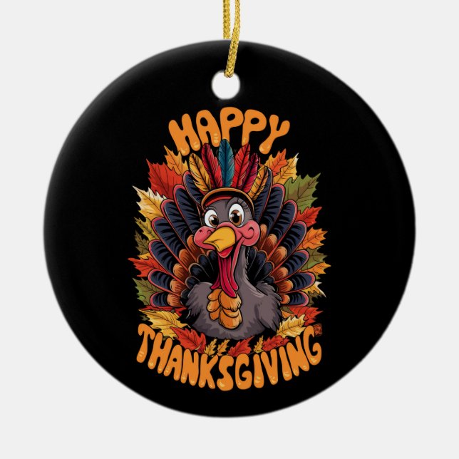 Glad Thanksgiving Kalkon Familj Höst Julgransprydnad Keramik (Framsidan)