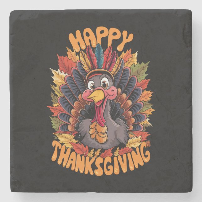 Glad Thanksgiving Kalkon Familj Höst Stenunderlägg (Framsidan)