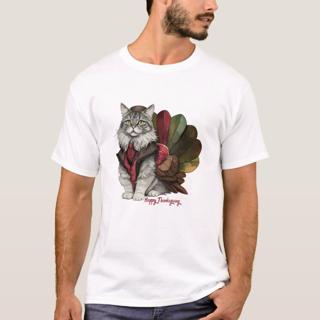 Glad Thanksgiving Kalkon Katt T Shirt (Framsida)