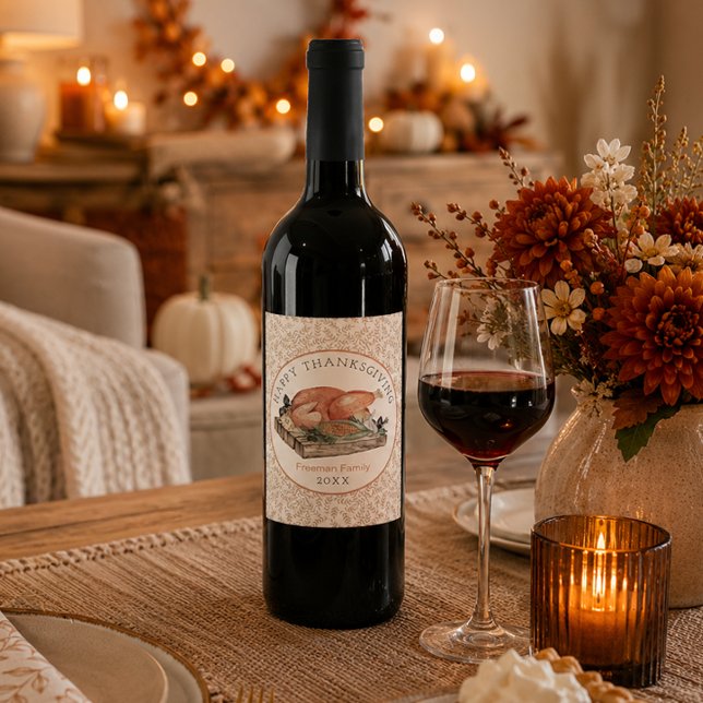 Glad Thanksgiving Kalkon Vinvignett Vinflaska Etikett (Skapare uppladdad)