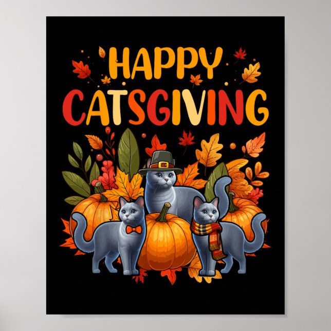 Glad Thanksgiving Katt Tre söta ryska blå katten Poster (Framsidan)