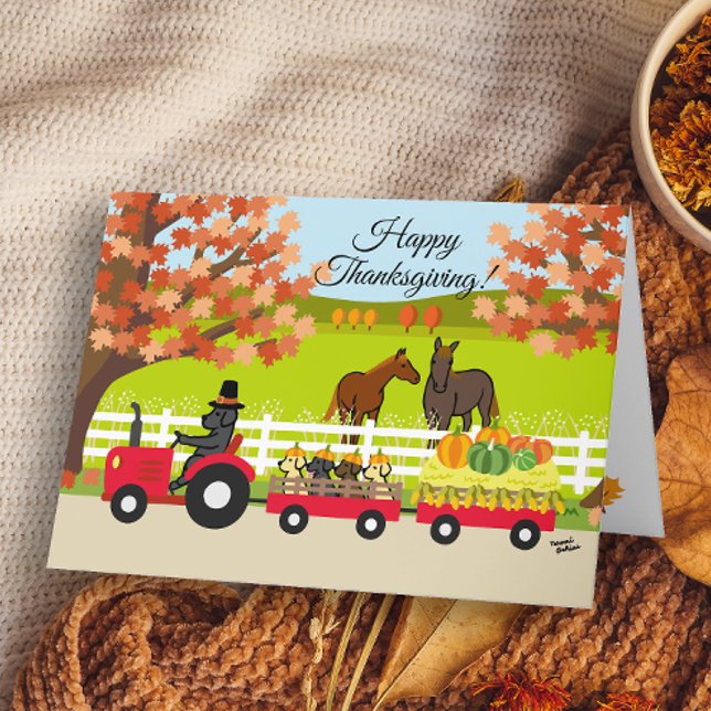 Glad Thanksgiving-labradorer och traktorkort Kort (Happy Thanksgiving Labrador and Tractor Design Card for Black Labrador Owners.)