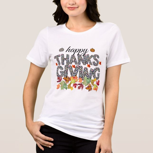 Glad Thanksgiving Leopardtryck & Höstblad T-shirt (Framsida)