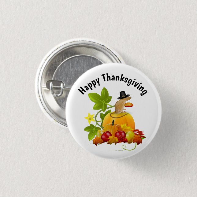 Glad Thanksgiving med söt pilgrimsmus  Knapp (Framsida & baksida)