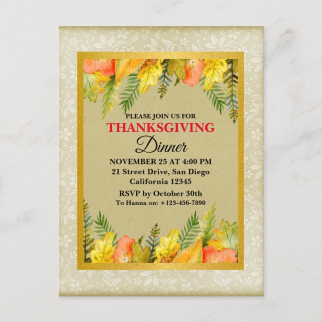 Glad Thanksgiving Middag Färgglada blad Helg Vykort (Framsida)