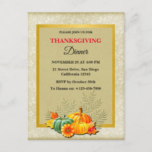 Glad Thanksgiving-middag Pumpa och blad Helg Vykort