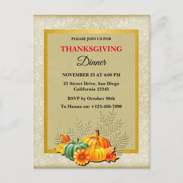 Glad Thanksgiving-middag Pumpa och blad  Helg Vykort (Framsida)