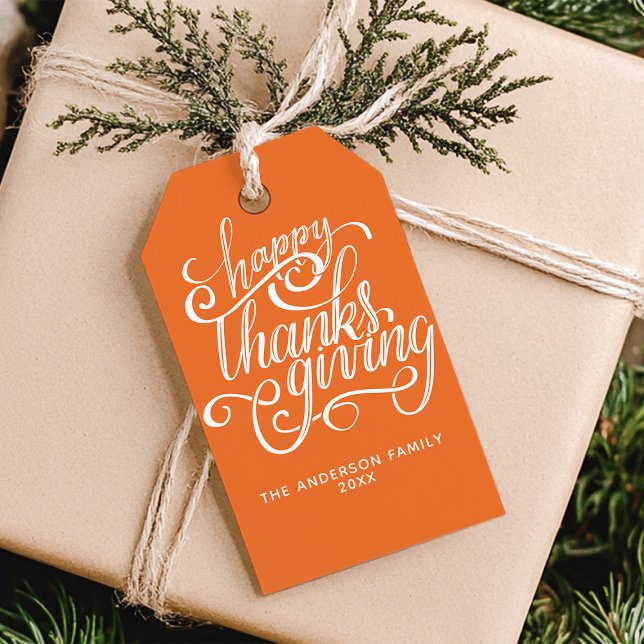 Glad Thanksgiving Modern Script Skörd Orange Presentetikett (Skapare uppladdad)