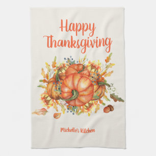 Glad Thanksgiving Orange Pumpa Höstlöv Kökshandduk